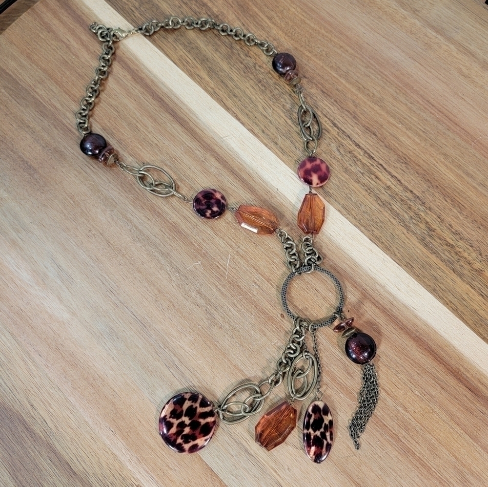 Antique Bronze Metal Statement Necklace with Amber beads and Chain Tassels Boho - Picture 5 of 17